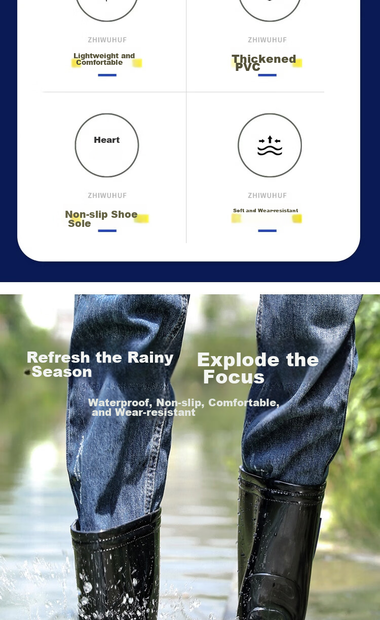 Huili Rain Boots for Men, Waterproof Outdoor Wear-Resistant Rubber Shoes, Non-Slip Rain Boots, Overshoes HL822866, Mid-Calf, Black, Size 44 2