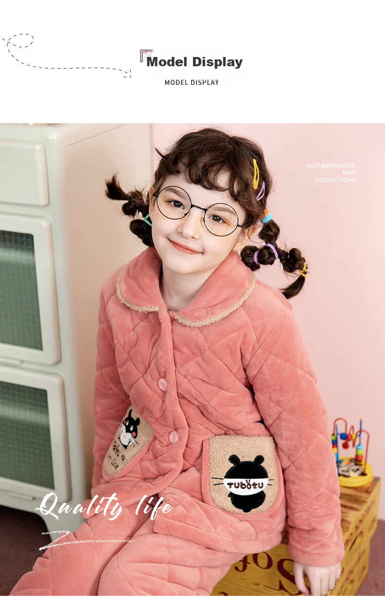 Fenteng Children's Pajamas for Girls, Warm Baby Fleece Three-Layer Quilted Thick Girls' Loungewear Q9984750924 7