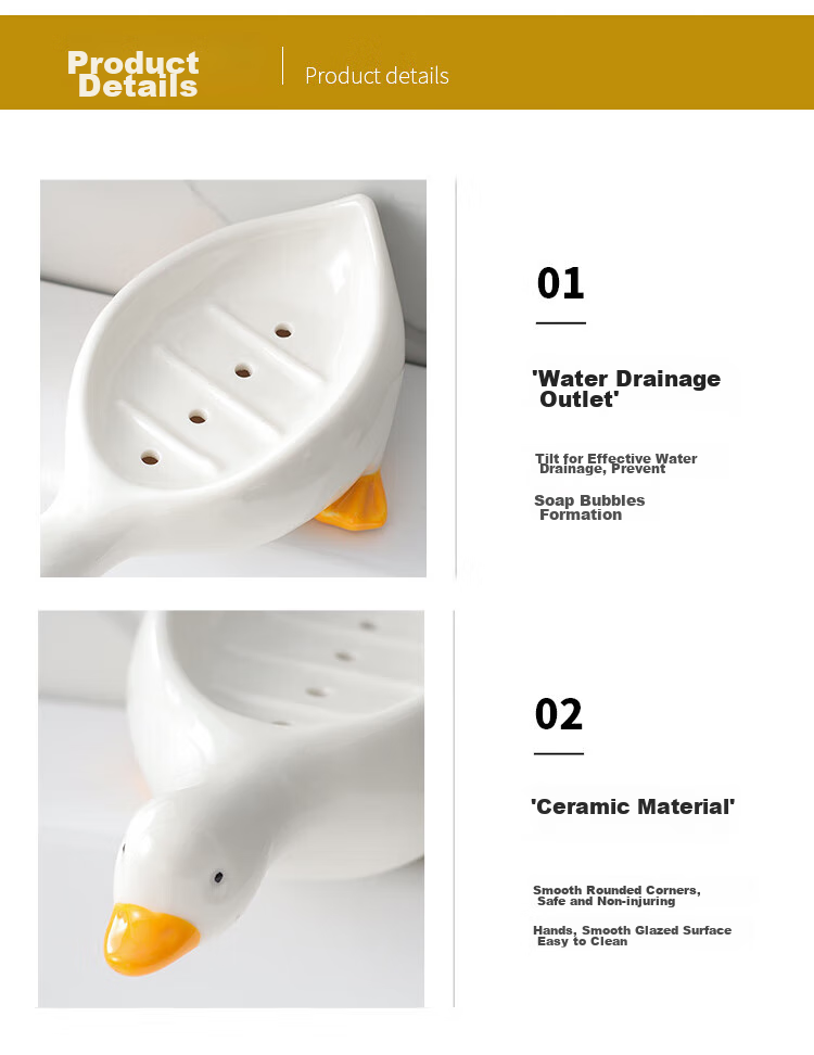 Fanyejia Cartoon Creative Ceramic Soap Dish, Cute Duck Soap Holder, Storage Rack for Bathroom, Non-Draining Soap Tray 12