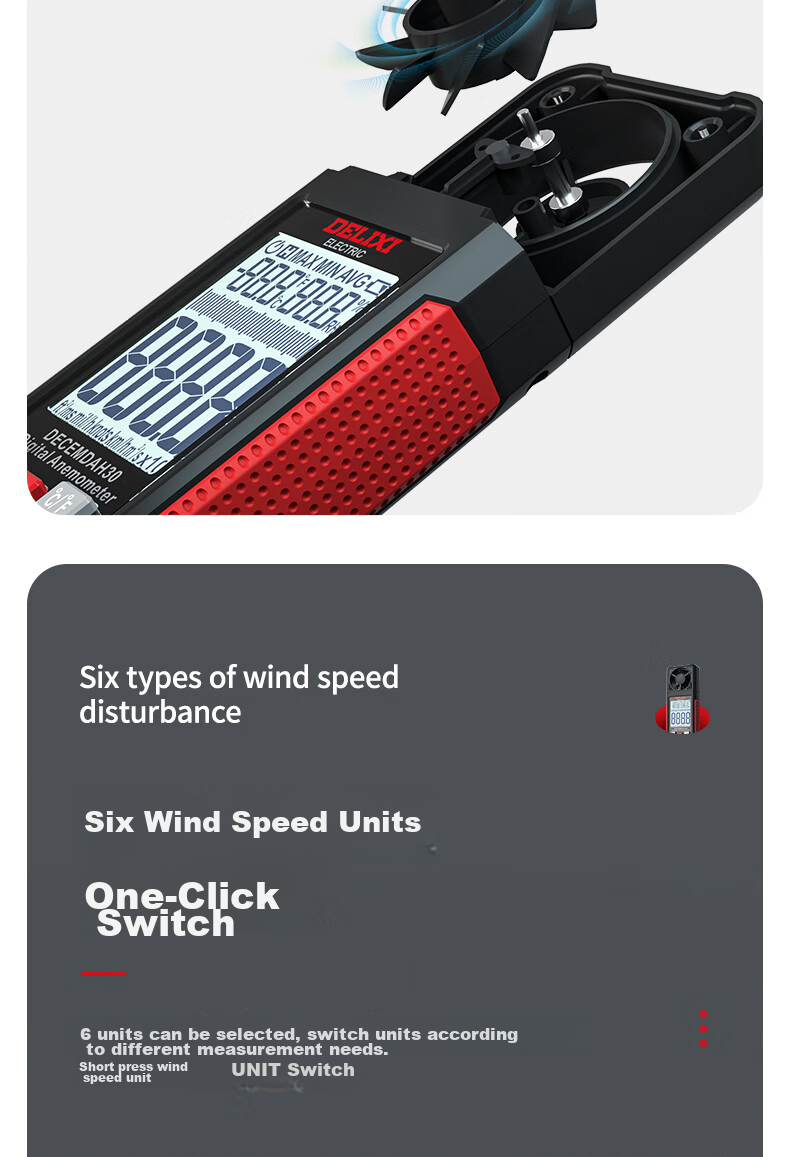DELIXI ELECTRIC Anemometer, High-Precision Portable Wind Speed/temperature/volume Meter, Digital Anemometer DECEMDAH30 6