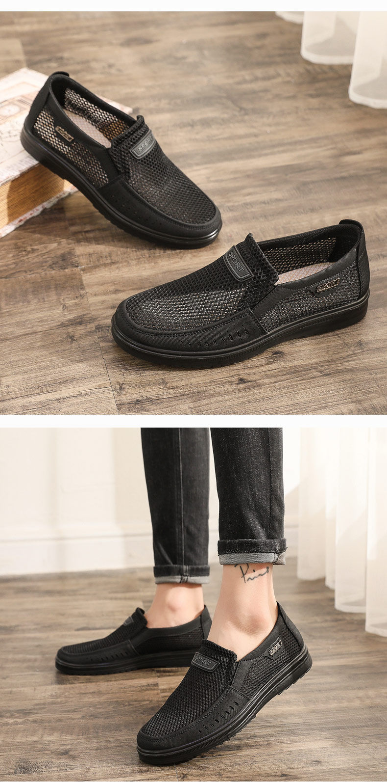 Ankang Summer Mesh Shoes Breathable Men's Slip-On Soft-Soled Old Beijing Cloth Shoes Dad Shoes AK11129 Black 38 6