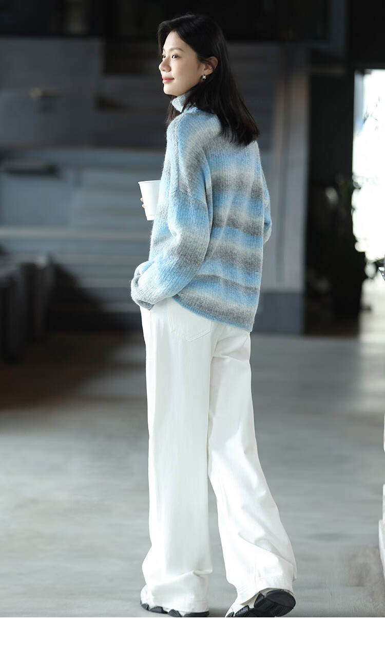 Dme [Sea Salt Layered Knit Sweater] Winter Style Artistic Healing Gray-Blue Gradient Soft Sweater for Women, Blue-Gray, S 13