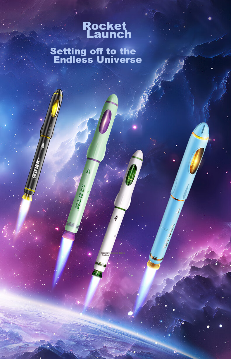 Dianshi Rocket Space Capsule Fountain Pen, Non-Splash F Nib, Third Grade Student Handwriting Practice Calligraphy Fountain Pen, Non-Heat Erasable, Back-To Season, Replaceable Ink Cartridge 7157 (Black Barrel), Magic Liquid Erasable Blue 4