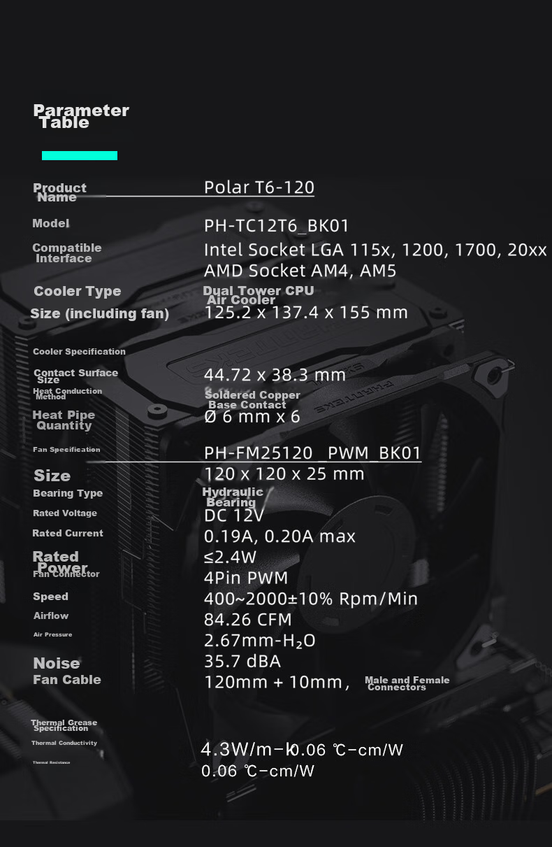 PHANTEKS Polar T6 White Anti-Gravity Dual Tower Air Cooler CPU Heatsink (PWM Dual ARGB Fans, Includes High-Nano Thermal Paste, Heat Spreader, And Noise Reduction Device) 25