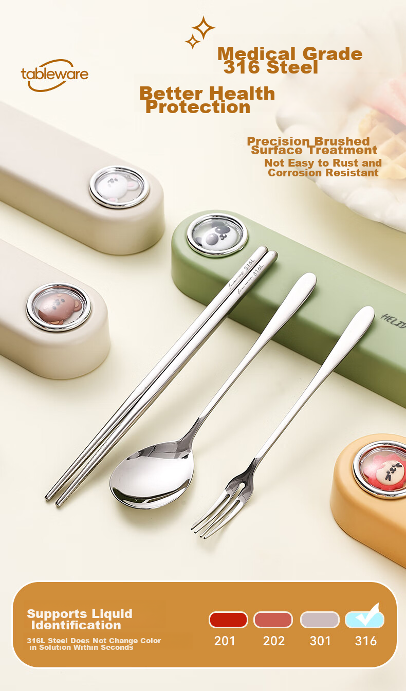 WORTHBUY 316 Stainless Steel Chopsticks And Spoon Set, Portable Cutlery for One Person, Student Travel, Storage Box, Three-Piece Set, Gree 3