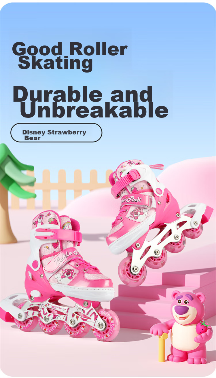 Disney Strawberry Bear Children's Roller Skates, Full Flash Inline Skates, Adjustable Ice Skates for Girls, Beginner Skating Shoes 4
