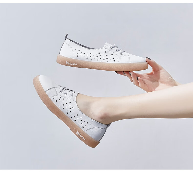 ZHR White Leather Shoes for Women with Jelly Sole, Breathable Mesh Hole Shoes, Summer Trendy Fashion Casual Versatile Flat Shoes, Soft Comfortable Low-Top Shoes for Women A66E Casual Shoes Beige 35 9