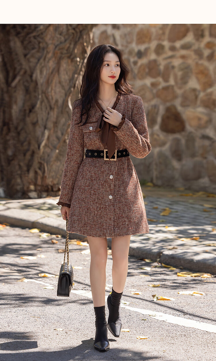DME "Qianjin Madeleine" Winter Academy Little Chanel Style Chiffon Ruffle Hem Contrast Color Metal Buckle Concealed Flesh Women's Dress 9