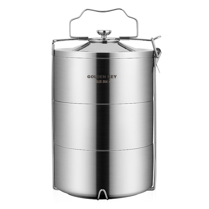 Jinyaoshi 304 Stainless Steel Zishang 2.7L Three-Layer Insulated Lunch Box with Handle, Compartmentalized Bento Box GK-TL2700