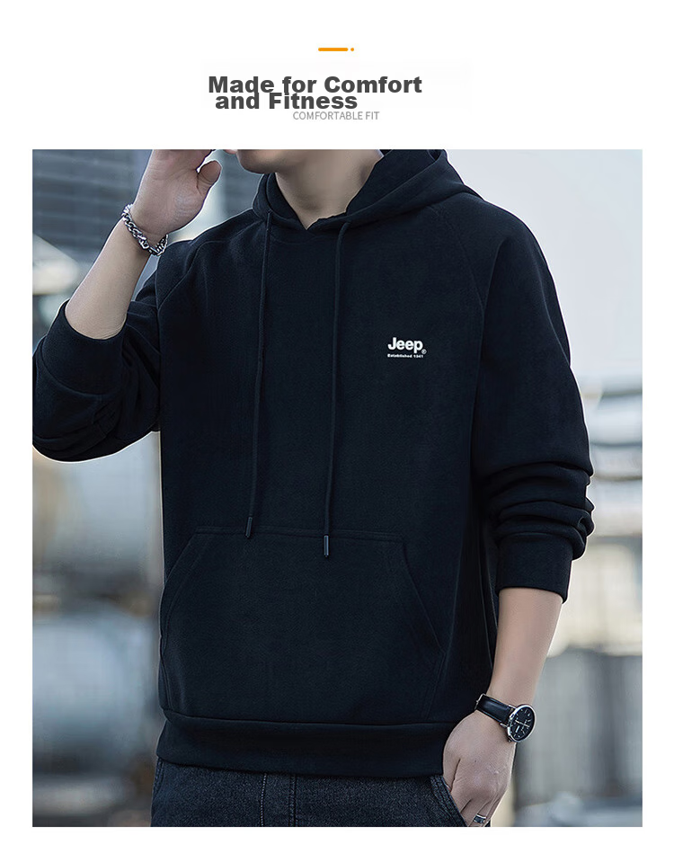 JEEP Hoodie for Men, Spring And Autumn Season, Loose-Fitting Long-Sleeve T-Shirt, Trendy Heavyweight Clothing for Men, Black, XL 11