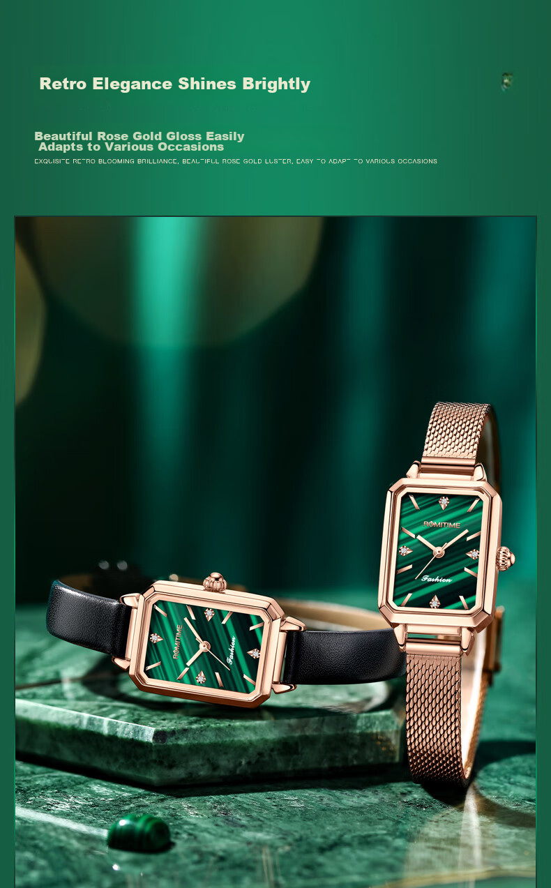 ROMITIME Women's Quartz Watch, Fashionable Elegant Light Luxury Retro Small Green Square Watch, Versatile Student Trendy Wristwatch 4
