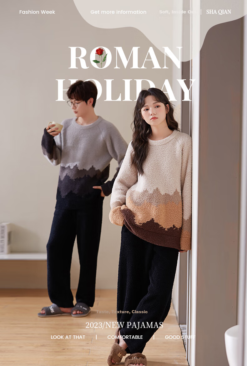 Shaqian Couple's Pajamas, Autumn And Winter Half-Fleece Women's Style, Thickened Warm Coral Fleece Men's Casual Home Wear Set 1