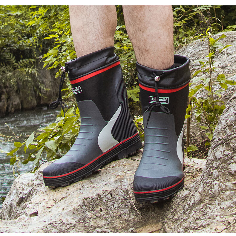 Jolly Walk Water Shoes, Rain Boots for Men, Mid-Calf Waterproof Fishing Boots, Rubber Overshoes, Galoshes JW219 Red And Black 45 7