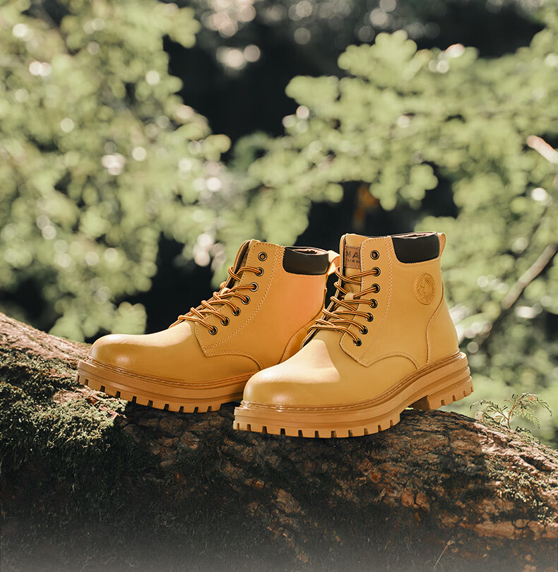 MARK FAIRWHALE Men's New Martin Boots, All-Season Style, Cotton Shoes, Thickened Heightening Work Boots, Motorcycle Men's Shoes, Ginger Yellow, Size 43 7