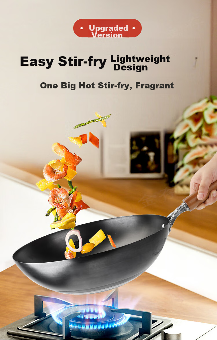 Jincun Wok Iron Pan Lightweight Stir-Fry Pan Non-Coated Rust-Resistant Round Bottom Pure Iron Non-Stick for Gas Stove 34cm 1