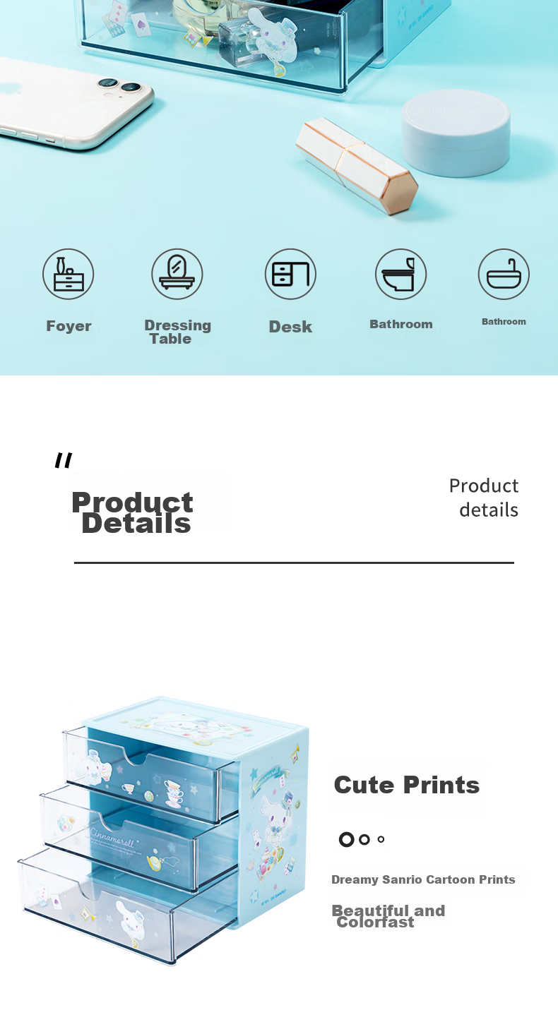 MINISO Sanrio Drawer-Style Desktop Storage Box, Dressing Table Jewelry Organizer, Blue, 17*11*15cm 7