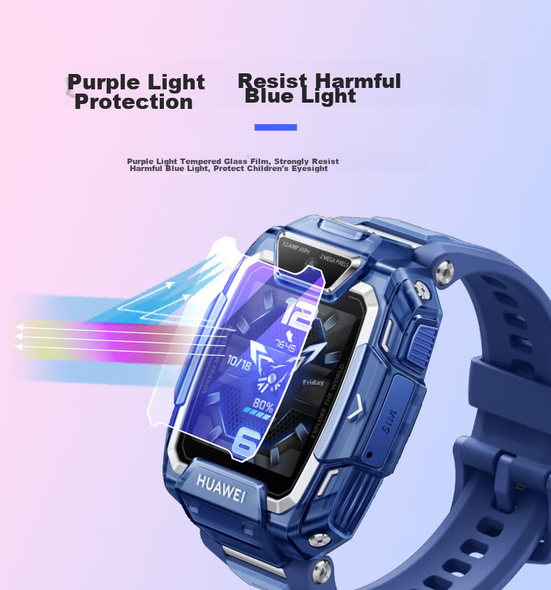 KMaxAI Protective Case And Screen Protector Set for Huawei Children's Watch 5 Pro + Tempered Glass Film, Soft Rubber Case, Anti-Scratch Eye Protection Film, Protective Shell, Transparent Blue 8