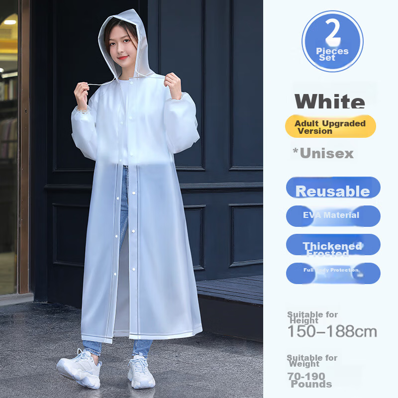 BWNK Adult Raincoat Poncho Non-Disposable Semi-Transparent Long Hooded Thick Raincoat for Men And Women, 2-Pack