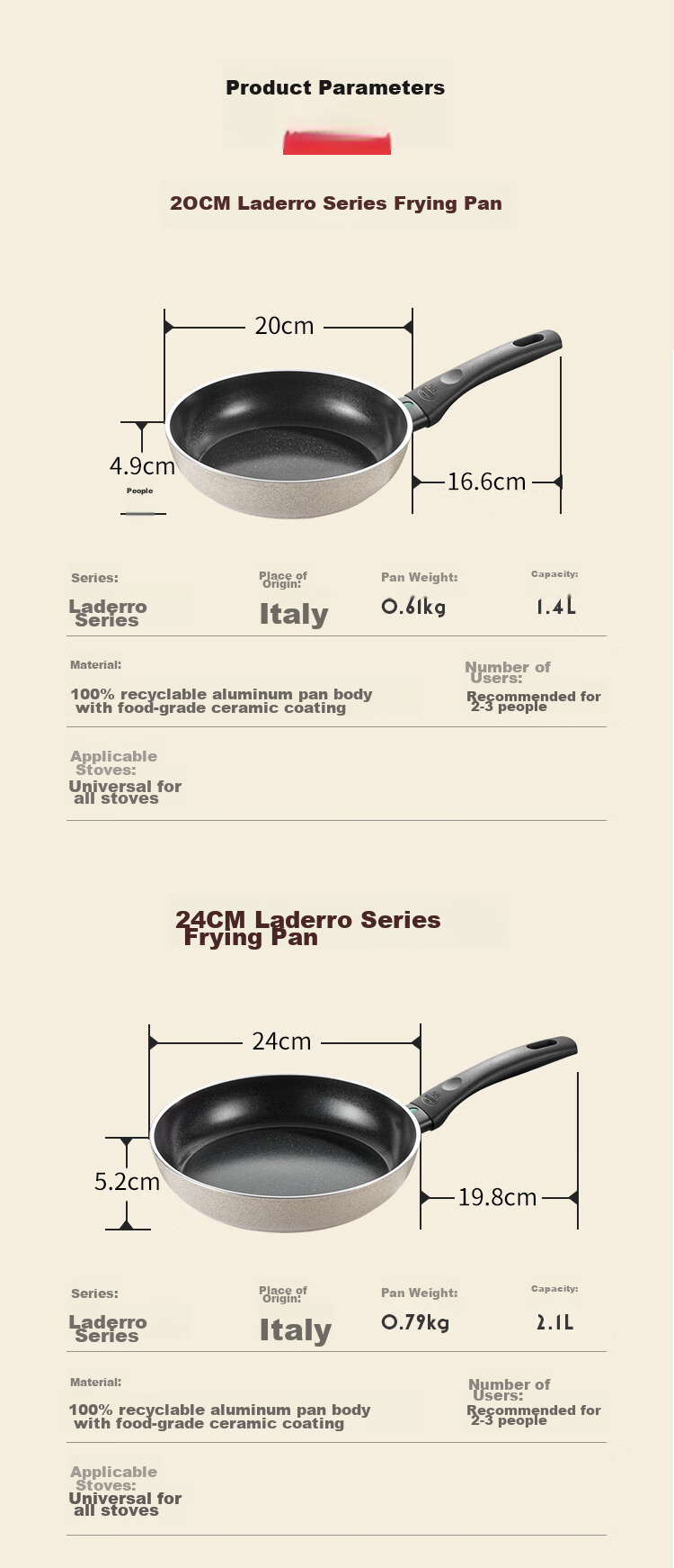 BALLARINI [Imported] Non-Stick Pan with Titanium Ceramic Coating, Flat Bottom Pan, Zero Fluorine, Induction Cooker Compatible, Stir-Fry Pan, 26CM, Laidro 13