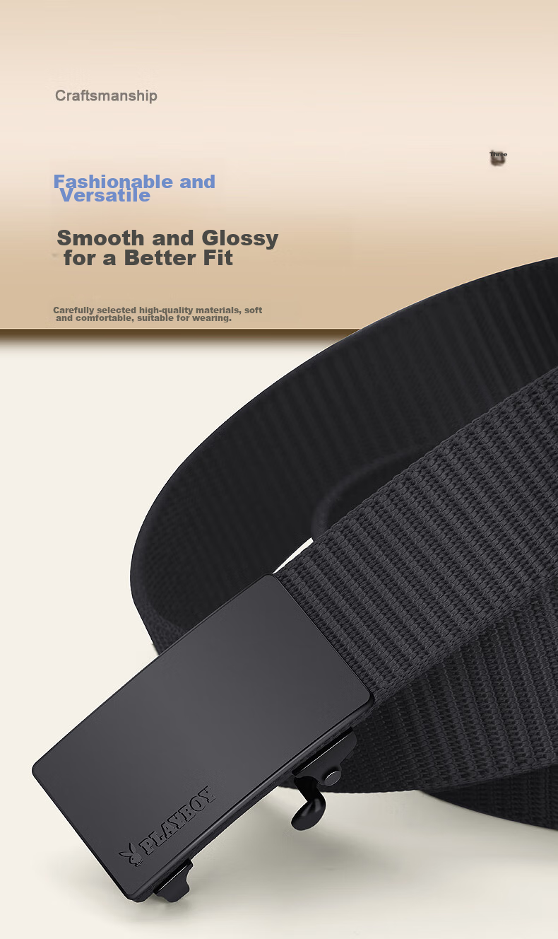 PLAYBOY Men's Belt, Toothless Automatic Buckle Woven Leather Belt, Canvas No-Drill Casual Trouser Belt, Middle-Aged Birthday Gift 4