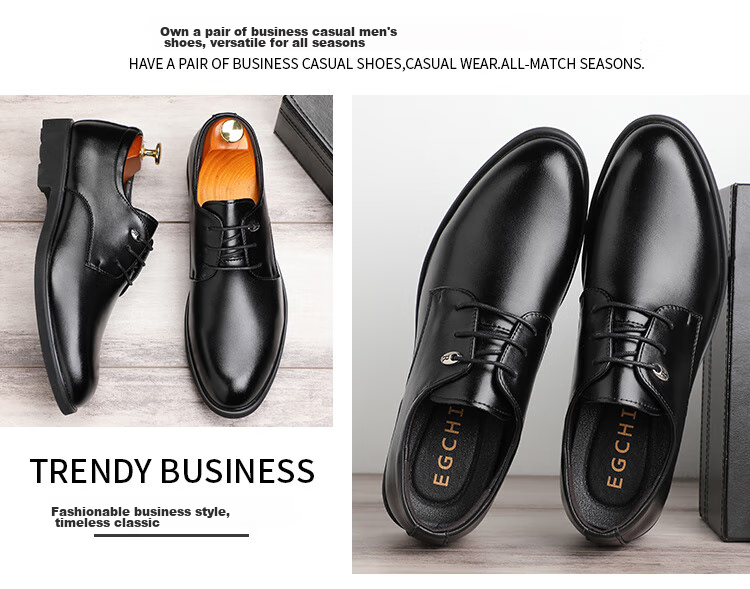 EGCHI Men's Leather Shoes, Business Formal Dress British Style Commuter Shoes, 1618 Black (Height-Increasing Version), Size 44 15