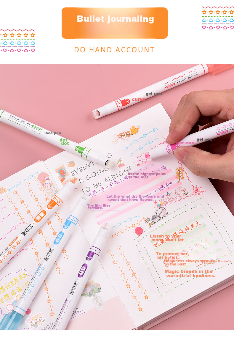 Genvana 6-Color Floral Pattern Outline Pen, Curved Pen, Highlighter, Embossing Pen, Marker Pen for Students, Decorative Edging for Handwritten Reports, Colored Journal Decoration Pen G-0546 6
