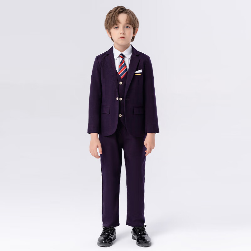 LUOBOBEIBEI Boys' Suit Spring Formal Wear Set, Children's Stylish Small Suit Piano New Year Outfit, Purple-Red Five-Piece Set, Size 130