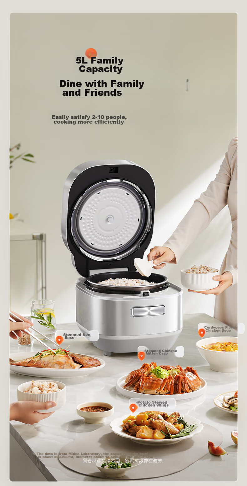 Midea Electric Pressure Cooker, Non-Coated IH High-Pressure Cooker, 5L Household Soup Pot, Fully Automatic Intelligent Reservation, Dual Inner Pot for Rice Cooking, 4-6 People Quick Release MY-S5971K 12