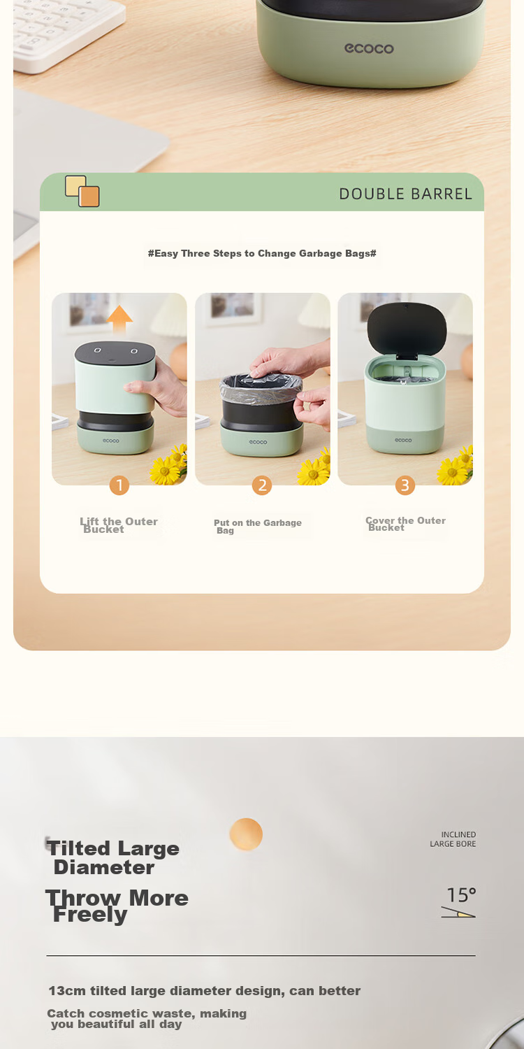 Ecoco Desktop Trash Can 1.5L with Lid, Push-Button Design for Bedroom, Bedside, Car, Coffee Table, Office Desk Waste Bin E2241 Gray 4