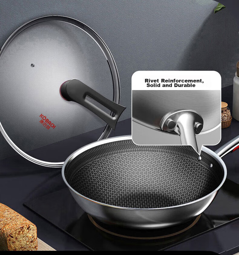 KBH Non-Stick Wok, 316L Stainless Steel Frying Pan, 32cm Honeycomb Flat Bottom Skillet, Compatible with Induction And Gas Stoves 19