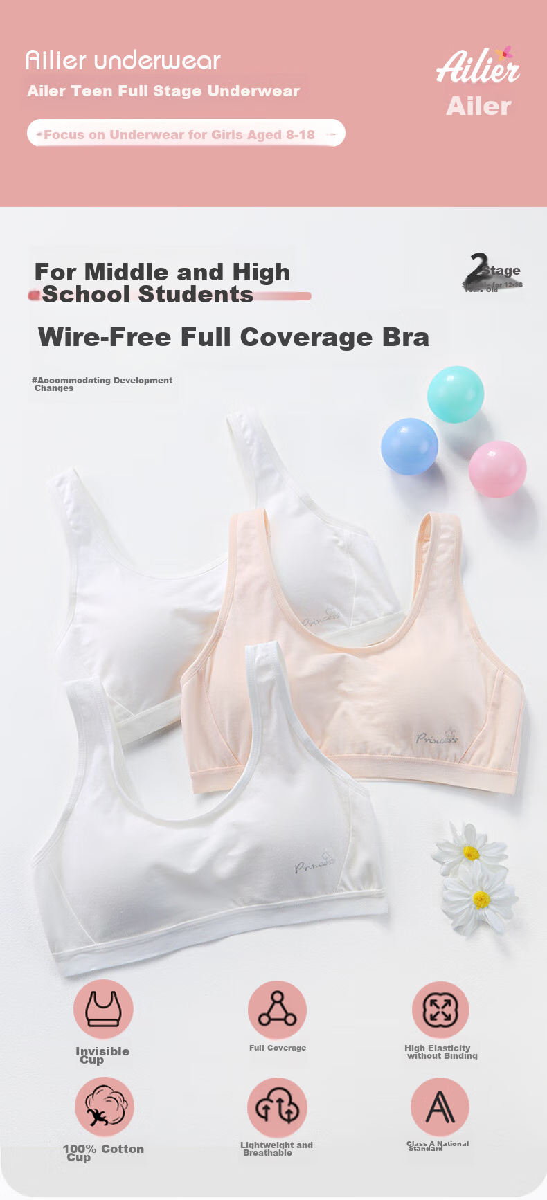 Ailier &ouluola Girls' Underwear, Bra for Ages 15-18, High School Pure Cotton, Puberty, Middle School Teenagers, Adolescent Girls, Student Bras, Size 75B 1