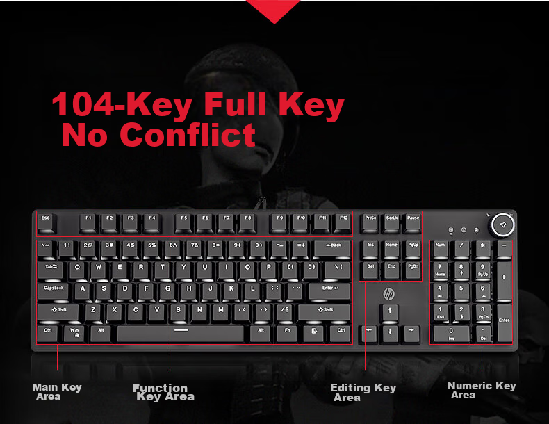 HP K10G-104 Black White Light Red Switch Mechanical Keyboard Wired Gaming Keyboard E-Sports Internet Cafe PUBG Keyboard Metal Panel Full Anti-Ghosting Hot-Swappable 16