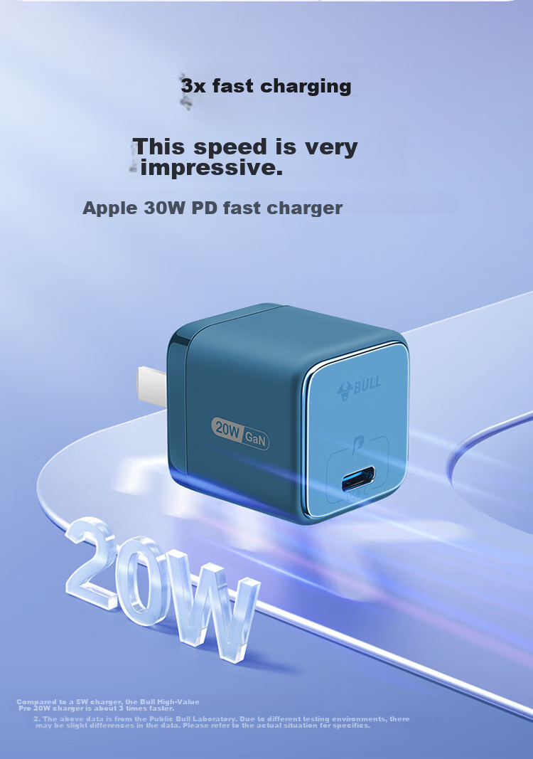 BULL GaN 20W Charger, Apple 18/17/16 PD Fast Charging Head, Auto Shut-Off When Fully Charged, Suitable for IPhone14/13promax/[20W GaN] Deep Sea Blue 5