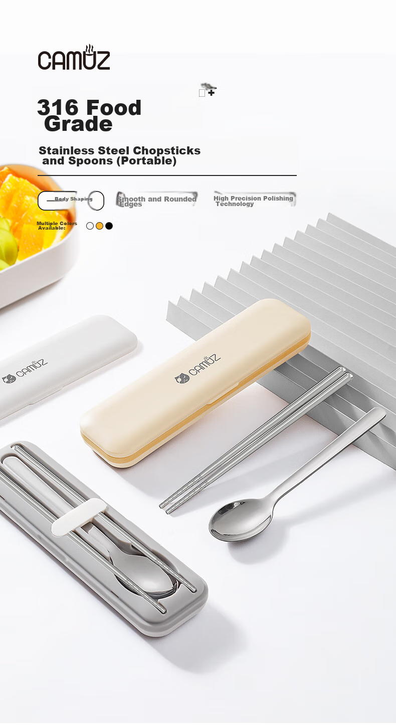 CAMUZ Food-Grade 316 Stainless Steel Portable Cutlery Set with Chopsticks And Spoon for Students And Office Workers, Single-Person Dining Set with Utensil Box, White 1
