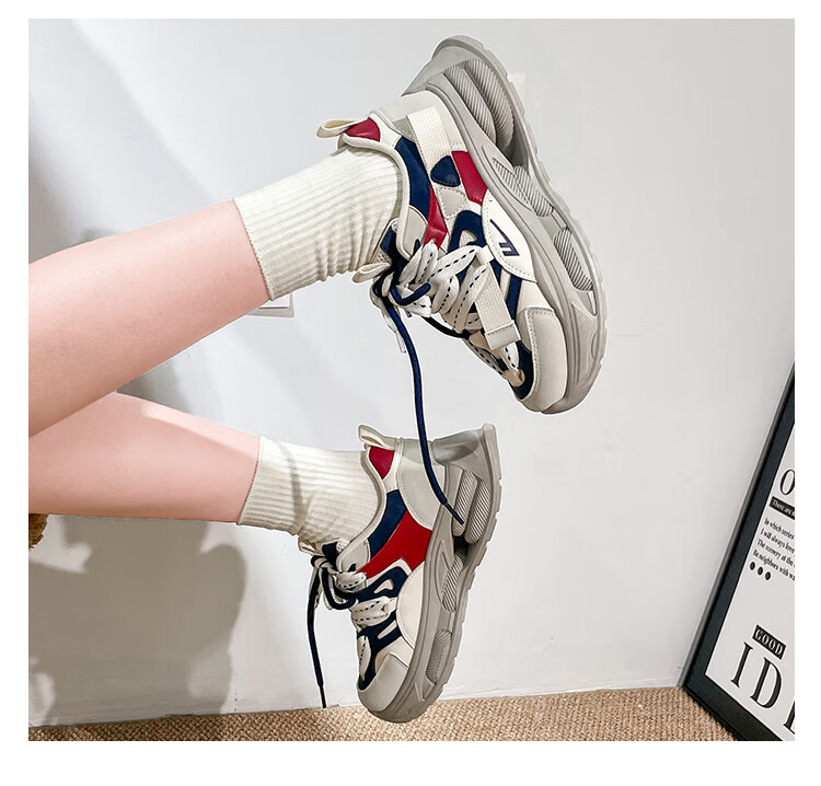 Huili Women's Thick-Soled Dad Shoes, Versatile Casual Shoes, Retro Sports Trendy Shoes, F546C, Beige/green, Size 37 13
