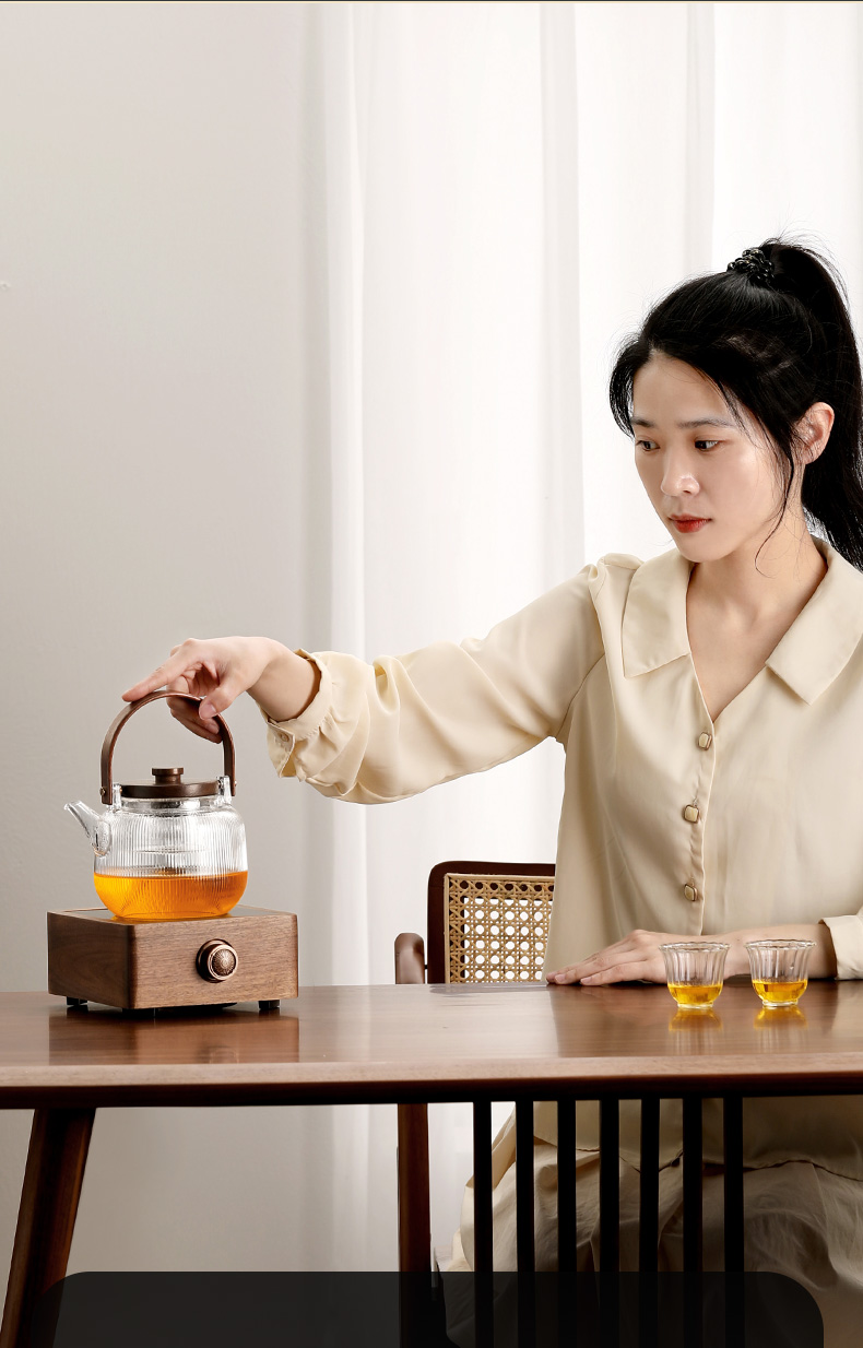 Shangyanfang Walnut Wood Electric Ceramic Stove Tea Maker, Small Office Single-Person Glass Tea Pot, Electric Water Boiler, Tea Stove Set 16