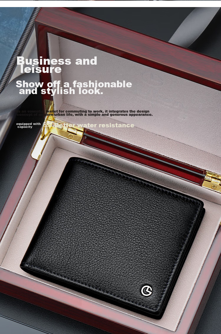 Goldlion Men's Wallet, Short Bifold Leather Wallet with Multiple Card Slots, Wooden Gift Box Billfold, Birthday Gift 2