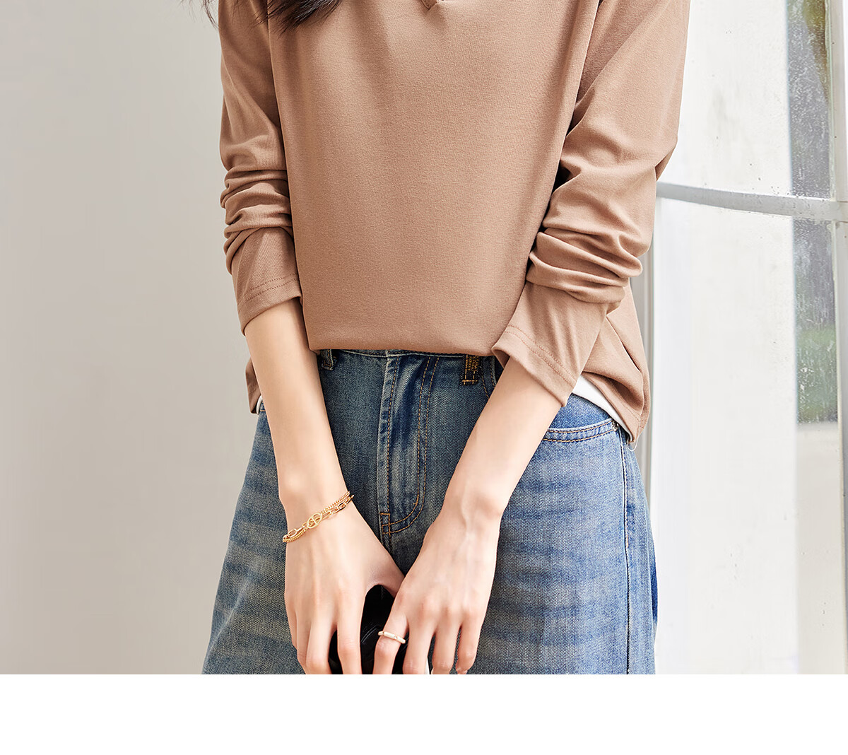 Taxiang Long-Sleeve T-Shirt for Women, Wilderness Maillard Small V-Neck Faux Two-Piece Top T-Shirt Spring Autumn Contrasting Color Base Shirt T143T2042 24