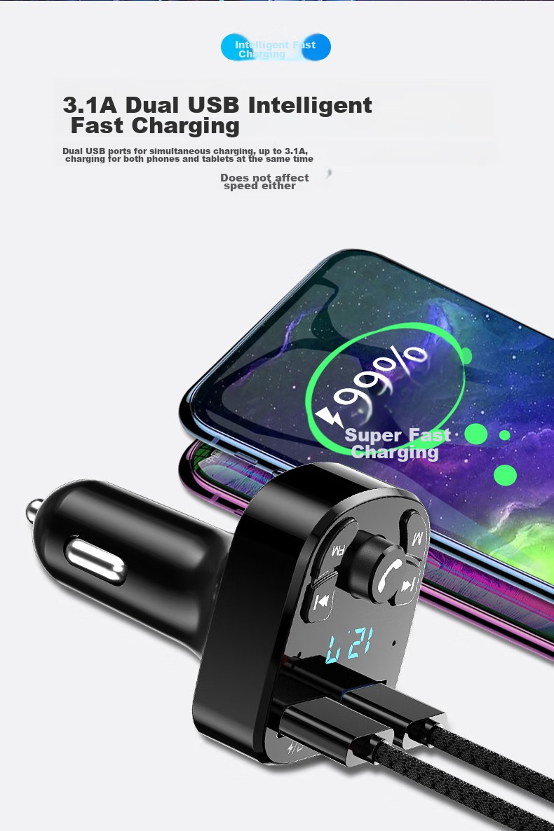 Zhunhang Car MP3 Bluetooth Player, USB Flash Drive Music Receiver, Three-In Data Cable, Apple Android Type-C Charging 7