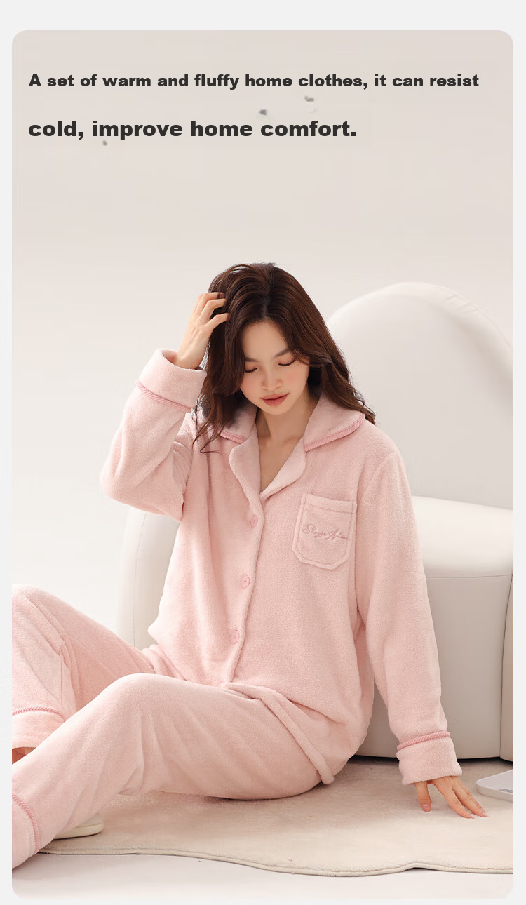 Dushiliren Women's Winter Pajamas, Fleece-Lined Thick Coral Fleece Cardigan Set with Pockets, Autumn And Winter Loungewear 7