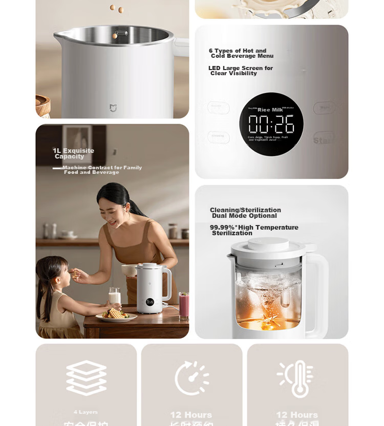 Mijia Xiaomi Soy Milk Maker 1L, Quiet Operation for Home Use, Fully Automatic Multifunctional, Serves 2-3 People, No Cooking Or Soaking Required, No Filtering Needed, Pulp-Free Blender, 12-Hour Reservation/warming Functio 2