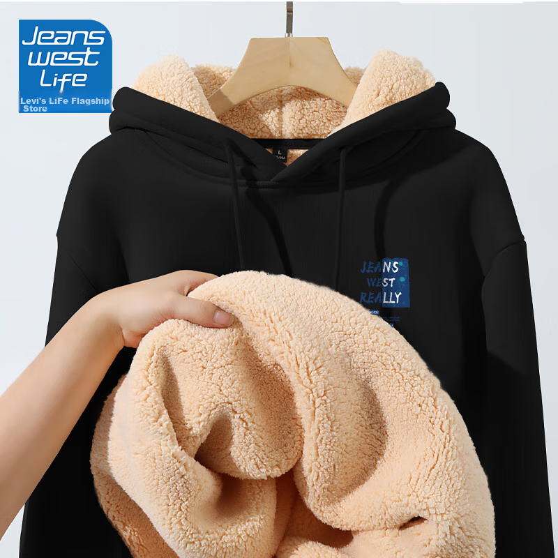 JEANSWEST LIFE Men's Lambswool Hoodie, Autumn And Winter Style with Hood, Fleece-Lined And Thickened for Warmth, Student Pullover Winter Top, Trendy 12