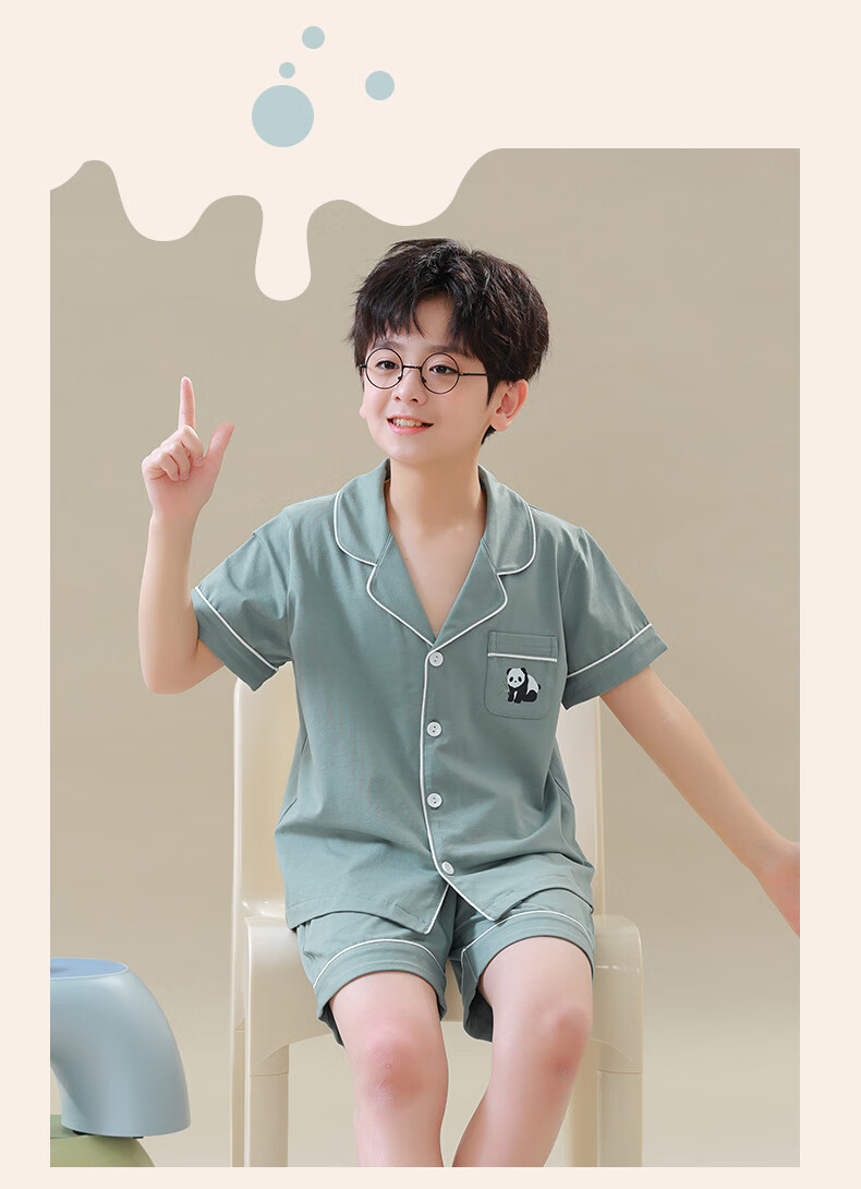 Hengyuanxiang Children's Pajamas, Boys' Pure Cotton Summer Thin Short-Sleeve Loungewear, Cardigan Sleepwear And Pajama Pants Set 3
