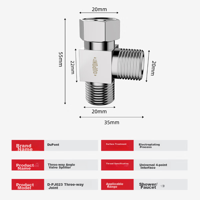DU PONT DU PONT Three-Way Connector, Thickened One-In Toilet Accessory, 1/2 Inch Union Joint, Copper Material Angle Valve Water Distributor