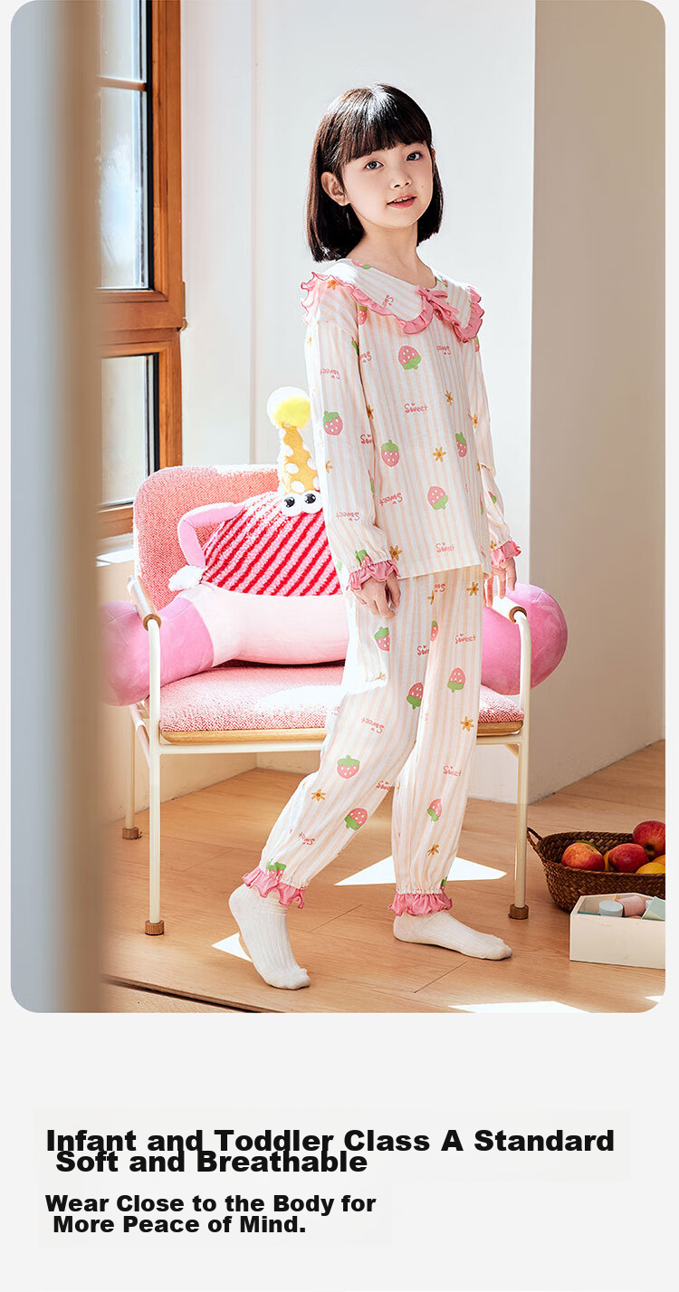 Dingguagua Girls' Pajamas, Pure Cotton Long-Sleeve Spring And Summer Sleepwear for Children And Toddlers, All-Cotton Home Wear Set, White, Size 150 10