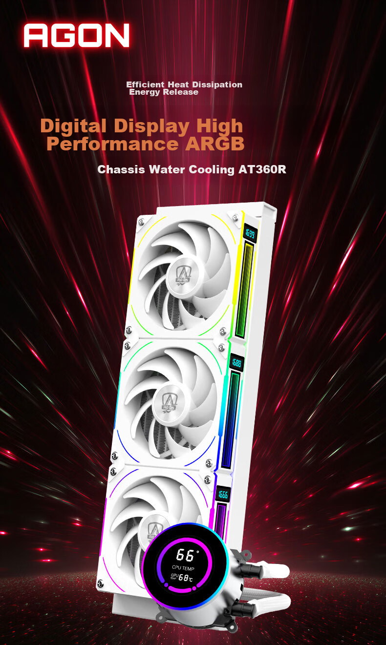 AOC AT360RW/93 White All-In CPU Liquid Cooler, Multi-Platform Mounting Brackets, RPM Display, Temperature Display, Dual Ball Bearings, Aluminum Cold Plate 1