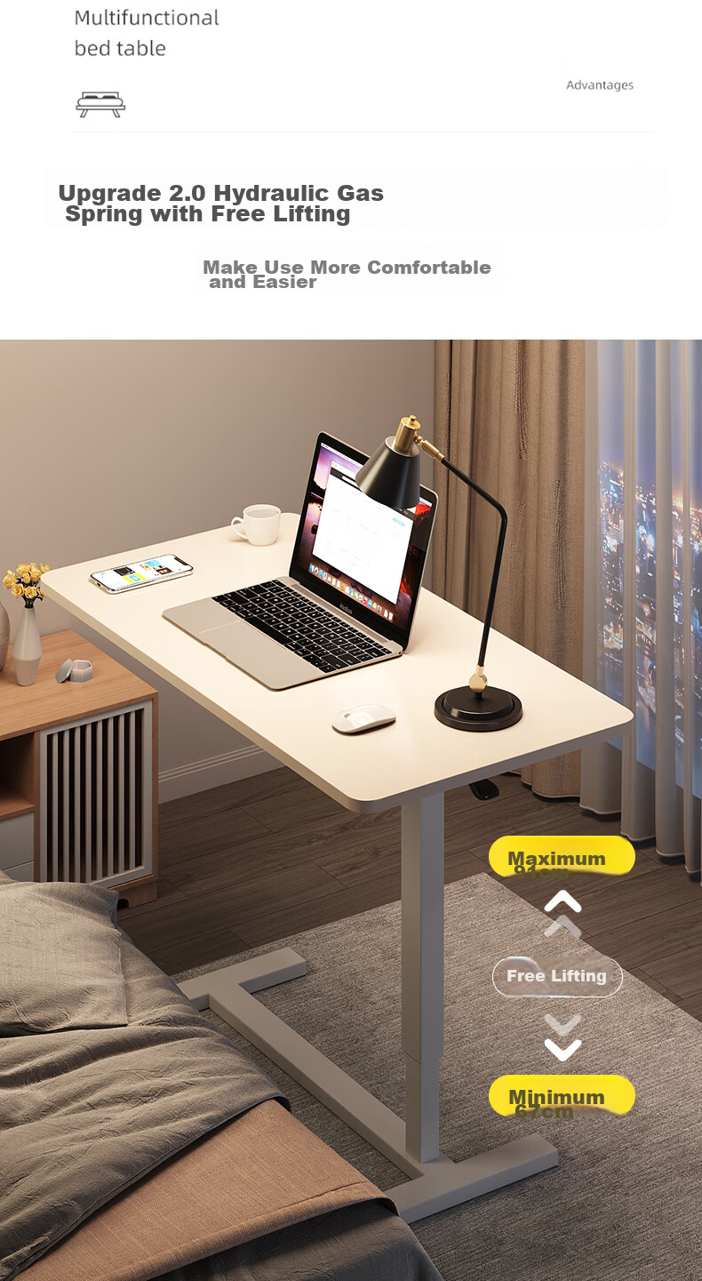 XIAOJIANGCAI Bedside Table, Movable Folding Adjustable Height Desk, Bedroom Dormitory Study Desk, Office Computer Desk, Walnut Color, 80*40 4