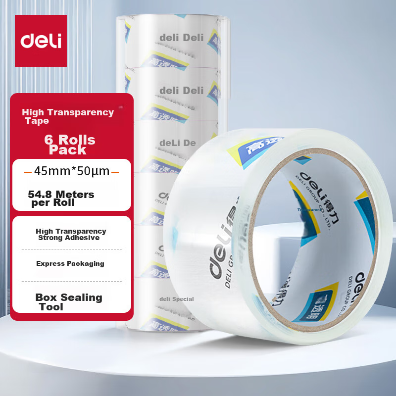 Deli High-Quality Transparent Packing Tape, 45mm*60y*50um, 6 Rolls/tube, Office Supplies, 30173