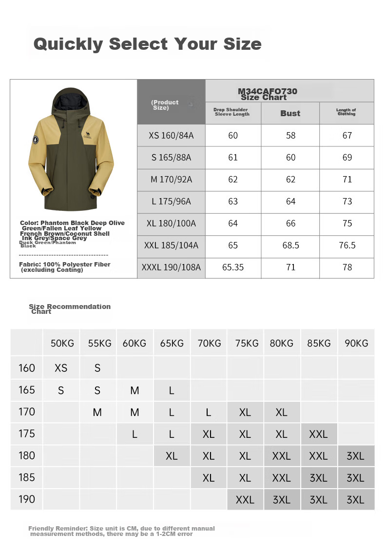 CAMEL Windbreaker Jacket for Men And Women, Trendy Sports Outdoor Rainproof Mountaineering Coat, Autumn And Winter Outerwear M34CAFO730D 41