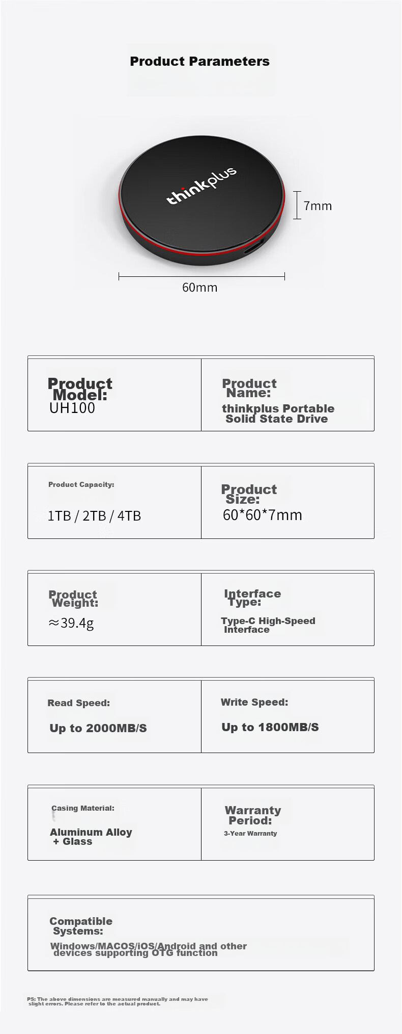 ThinkPlus Lenovo 1TB Magnetic Mobile SSD, Movable Phone, USB3.2 High-Speed Reading 1900MB/S, Portable SSD PSSD, UH100 Xiaofeidan Series 6